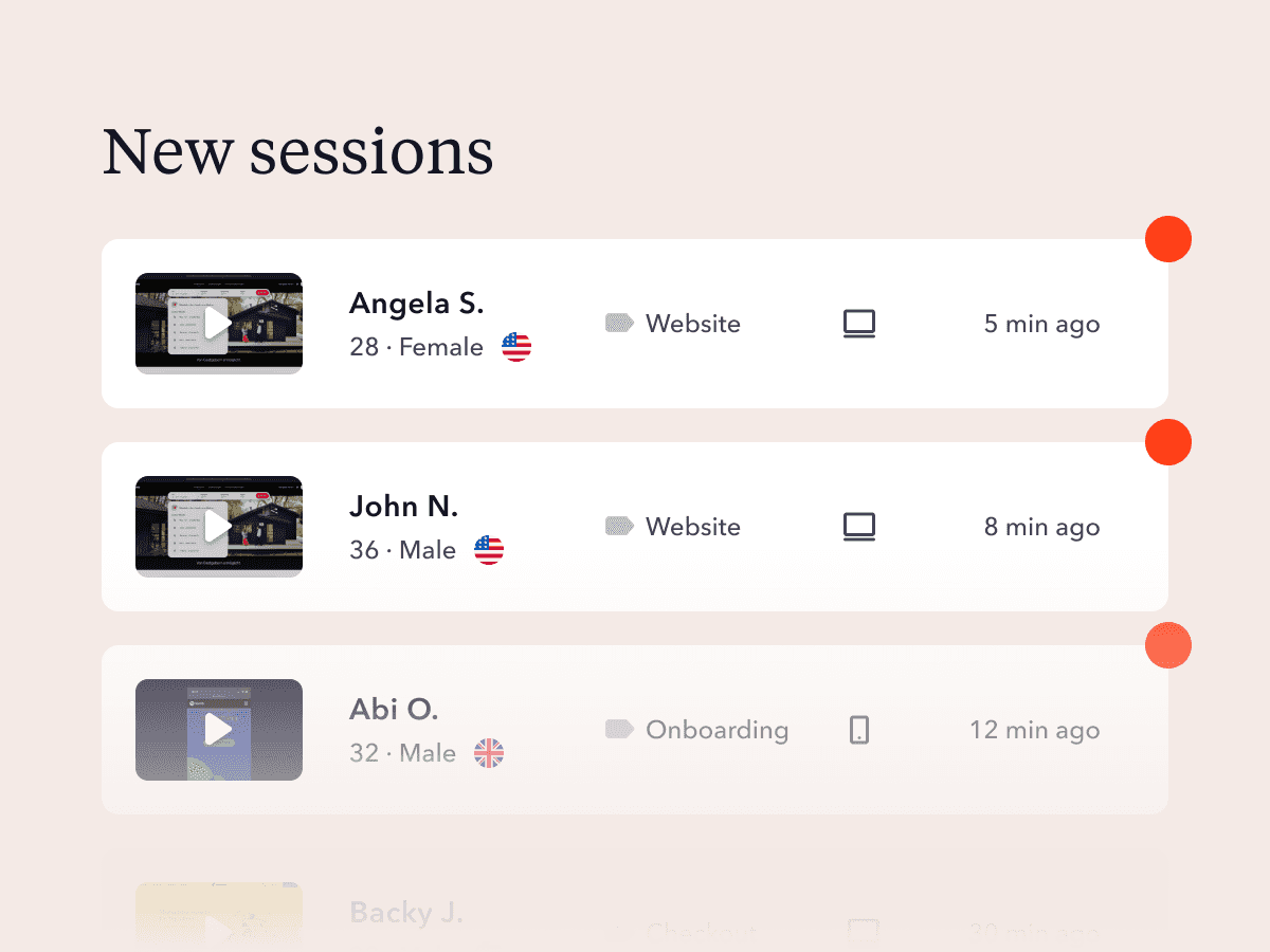 New sessions in the Userbrain dashboard