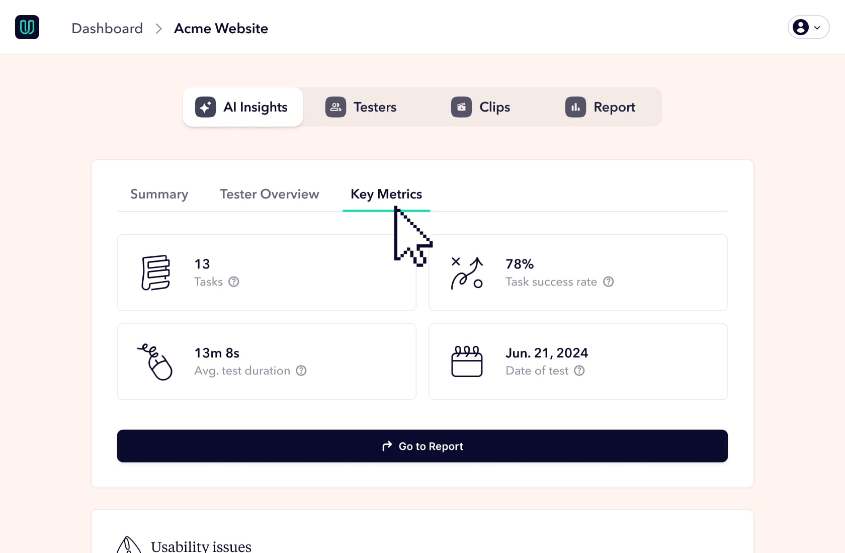 Tab in insights dashboard showing key metrics of a user test